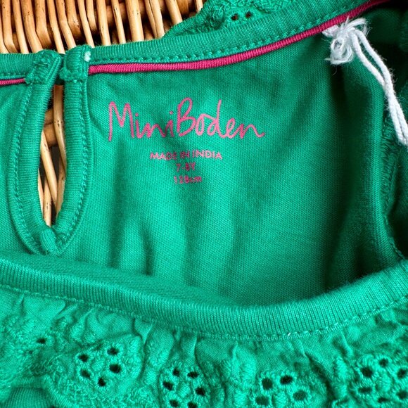 MINI BODEN Broderie Green Dress Girls 7-8 128 Cotton Long Sleeve Ruffles Eyelet - Picture 6 of 7